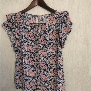 Navy Floral Cap-Sleeve Blouse with Pink Blooms
